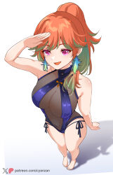 Rule 34 | 1girl, bare shoulders, barefoot, breasts, cyanzan, earrings, feather earrings, feathers, gradient hair, green hair, highres, hololive, hololive english, jewelry, large breasts, looking at viewer, multicolored hair, official alternate costume, official alternate hairstyle, one-piece swimsuit, open mouth, orange hair, perfume (takanashi kiara), purple eyes, see-through clothes, see-through one-piece swimsuit, side-tie one-piece swimsuit, simple background, smile, solo, swimsuit, takanashi kiara, virtual youtuber, white background