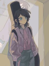 1girl bang_dream! bang_dream!_it&#039;s_mygo!!!!! black_hair blue_eyes blue_pants chara_tomato52 closed_mouth commentary_request earphones guitar_case hands_in_pockets highres instrument_case instrument_on_back jacket medium_hair open_clothes open_jacket pants purple_jacket purple_shirt shirt solo yahata_umiri