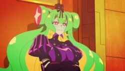 Rule 34 | 1girl, animated, anime screenshot, black gloves, blonde hair, bouncing breasts, breasts, colored skin, cthulhu (necronomico no cosmic horror show), dress, elbow gloves, gloves, gradient hair, green hair, green skin, highres, large breasts, multicolored hair, necronomico no cosmic horror show, possessed, purple dress, red eyes, red hair, revealing clothes, smile, sound, star-shaped pupils, star (symbol), symbol-shaped pupils, tagme, upper body, video