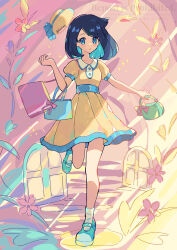 1girl bag black_hair blue_eyes blue_hair blush closed_mouth colored_inner_hair cowlick dress green_hair_ornament hair_ornament hairclip handbag haru_(haruxxe) hat highres holding holding_bag liko_(pokemon) looking_at_viewer multicolored_hair nintendo pokemon pokemon_(anime) pokemon_horizons shoes shopping_bag short_hair short_sleeves yellow_dress