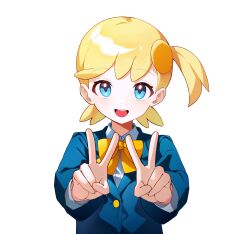 1girl :d absurdres aged_up blonde_hair blue_eyes bonnie_(pokemon) bow bowtie buttons collared_shirt commentary_request double_v hair_ornament happy highres jacket korean_commentary long_sleeves looking_at_viewer nintendo one_side_up open_mouth pokemon pokemon_(anime) pokemon_xy_(anime) pokesudal shirt simple_background smile solo teeth tongue upper_body upper_teeth_only v white_background yellow_bow yellow_bowtie