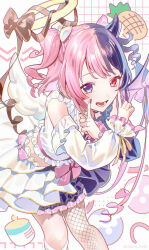 1girl amaki_pururu asymmetrical_wings bat_wings black_bow black_hair black_horns blue_eyes blush bow detached_sleeves fishnet_pantyhose fishnets food frilled_skirt frills fruit halo heterochromia highres horns manomenou multicolored_hair open_mouth pantyhose pineapple pink_hair red_eyes reject_(esports) single_horn single_leg_pantyhose skirt solo split-color_hair teeth two-tone_hair two_side_up virtual_youtuber white_wings wings