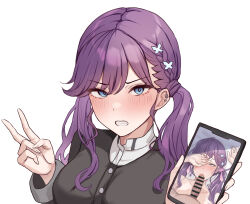 1girl ahegao bar_censor blush braid butterfly_hair_ornament cellphone cellphone_photo censored clenched_teeth ear_piercing fellatio gakuen_idolmaster gokugetsu_academy_school_uniform hair_ornament highres holding holding_phone idolmaster kaya_rinha long_hair looking_at_viewer multiple_views namagaki_namero oral penis phone piercing purple_hair school_uniform simple_background teeth twintails upper_body v white_background