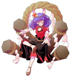 1girl alphes_(style) anklet commentary_request crossed_legs dairi full_body hair_ornament highres jewelry leaf leaf_hair_ornament long_skirt looking_at_viewer maple_leaf onbashira outstretched_arms parody purple_hair red_eyes rope sandals shimenawa sitting skirt smile solo style_parody tachi-e touhou transparent_background tunic yasaka_kanako