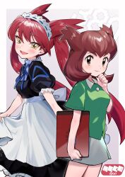 2girls :d abe_(kumayu) alternate_form apron bianca_(pokemon_heroes) black_dress blush brown_eyes brown_hair closed_mouth commentary_request dress gen_3_pokemon green_shirt highres holding holding_sketchbook in-franchise_crossover latias latias_(human)_(pokemon_adventures) legendary_pokemon long_hair looking_at_viewer maid maid_apron maid_headdress multiple_girls nintendo open_mouth pokemon pokemon_(anime) pokemon_(classic_anime) pokemon_adventures pokemon_heroes:_latios_&amp;_latias puffy_short_sleeves puffy_sleeves red_hair shirt short_hair short_sleeves sketchbook skirt smile twintails very_long_hair white_skirt yellow_eyes