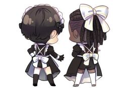 2boys back_bow black_gloves black_hair black_socks bow chibi chibi_only dreadlocks from_behind gloves hair_bow hand_on_own_hip library_of_ruina maid maid_headdress multiple_boys olivier_(project_moon) outstretched_arm project_moon roland_(project_moon) short_hair socks thighhighs white_background white_socks wuruko zettai_ryouiki
