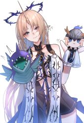 1girl bare_shoulders black_collar black_dress blonde_hair blue_eyes blue_hair breasts closed_mouth collar colored_inner_hair commentary cowboy_shot crown_of_thorns dress earrings fleurdelys_(wuthering_waves) floating_earrings hand_puppet highres horns jewelry kamishiro_noa large_breasts long_hair long_horns looking_at_viewer multicolored_hair necklace out_of_character pointy_ears puppet sidelocks simple_background single_horn smile solo tabard tacet_mark_(wuthering_waves) very_long_hair white_background white_tabard wuthering_waves yellow_horns