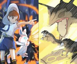 1boy absurdres blue_eyes blue_necktie blue_shorts breath_weapon breathing_fire brown_eyes brown_hair creatures_(company) fire florian_(pokemon) game_freak gen_3_pokemon gen_6_pokemon hat highres legendary_pokemon necktie nintendo open_mouth pink_fur pointing pokemon pokemon_(creature) pokemon_sv rayquaza school_uniform shirt short_hair short_sleeves shorts spicyichizo sylveon two-tone_fur uva_academy_school_uniform white_fur white_hat white_shirt