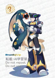 Rule 34 | 1boy, ?, armor, black armor, black helmet, crossover, dynamo (mega man), eel, eelektross, full body, gen 5 pokemon, helmet, long hair, looking at another, male focus, mega man (series), mega man x (series), nintendo, pokemon, pokemon (creature), spoken question mark, standing, watermark, yamanashi taiki