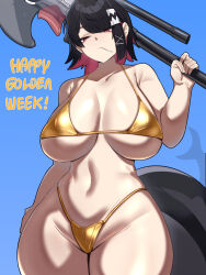 1girl absurdres bikini black_hair breasts colored_inner_hair ellen_joe english_text fins fish_tail gold_bikini golden_week golden_week_bikini highres holding holding_weapon huge_breasts large_breasts looking_at_viewer metal_hairband multicolored_hair navel pink_hair razor_blade_hair_ornament red_eyes shark_girl shark_tail simple_background swimsuit tail tetsu_chokoreto thick_thighs thighs weapon wide_hips zenless_zone_zero