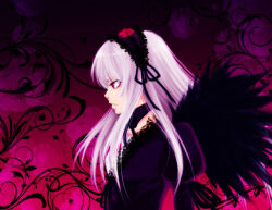 Rule 34 | 1girl, black collar, black dress, black hairband, black ribbon, black wings, closed mouth, collar, commentary request, crodire, detached collar, dress, expressionless, feathered wings, flower, frilled hairband, frills, gothic lolita, grey hair, hair ribbon, hairband, lolita fashion, lolita hairband, long hair, looking afar, pink background, profile, red eyes, red flower, red rose, ribbon, rose, rozen maiden, solo, suigintou, upper body, wings