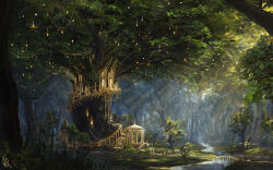 absurdres branch bridge bush commentary dappled_sunlight day dome english_commentary forest giant_tree grass hanging_light highres idrawbagman landscape moss nature no_humans original outdoors path plant river road scenery shade signature stairs sunlight tree tree_shade treehouse