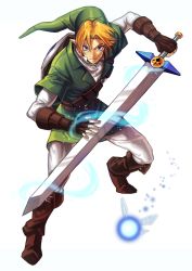 1boy bad_id bad_pixiv_id biggoron_sword blonde_hair blue_eyes fairy gloves hat holding holding_sword holding_weapon kiru_(sorr5042) link male_focus navi nintendo pointy_ears shield shield_on_back solo sword the_legend_of_zelda the_legend_of_zelda:_ocarina_of_time weapon