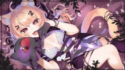 1girl :3 ahoge animal_ear_fluff animal_ears black_gloves blonde_hair breasts cat_ears cat_girl cat_tail commentary dress facial_mark fangs gloves hair_ornament highres indie_virtual_youtuber long_hair looking_at_viewer lying mayuri_kaichou medium_breasts multicolored_hair on_back open_mouth pokatto_(squchan) purple_dress purple_hair red_eyes solo tail virtual_youtuber whisker_markings