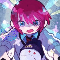 1girl amate_yuzuriha beanie black_hat blue_eyes commentary english_text gundam gundam_gquuuuuux haro hashtag-only_commentary hat long_sleeves necktie open_mouth red_hair school_uniform serious solo yknsugar