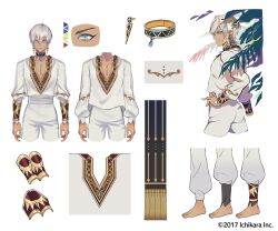 Rule 34 | 1boy, barefoot, black choker, blue eyes, blue gemstone, choker, closed mouth, collarbone, color guide, commentary request, company name, copyright notice, earrings, feet, gem, glint, gold trim, green eyes, hair between eyes, hand on own hip, highres, ibrahim (1st costume) (nijisanji), ibrahim (nijisanji), jewelry, leaf, long sleeves, looking at viewer, looking to the side, male focus, multicolored eyes, multiple views, nijisanji, official art, pants, pectoral cleavage, pectorals, reference sheet, second-party source, shirt, short hair, simple background, smile, takerunamito, toes, triangle earrings, two-tone eyes, v-neck, v-shaped eyebrows, vambraces, virtual youtuber, white background, white hair, white pants, white shirt