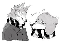 1boy beanie buttons coat earflap_beanie furry furry_male greyscale hat highres male_focus monochrome motion_lines multiple_views original portrait scarf sketch striped_clothes striped_scarf upper_body wolf_boy zumi3