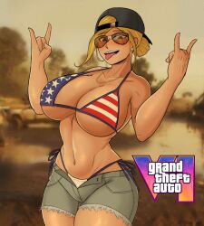 1girl absurdres american_flag american_flag_bikini american_flag_print bad_tag baseball_cap bikini blonde_hair blurry blurry_background breasts brown-tinted_eyewear curvy denim denim_shorts depth_of_field escriba flag_print grand_theft_auto grand_theft_auto_vi grey_shorts hat highres jewelry large_breasts logo looking_at_viewer navel necklace open_clothes open_mouth open_shorts outdoors print_bikini redneck_girl_(gta_vi) short_hair short_shorts shorts side-tie_bikini_bottom sunglasses swimsuit tinted_eyewear tongue tongue_out