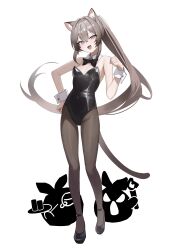 1girl absurdres animal_ears bare_shoulders black_leotard black_shoes blue_eyes bow bowtie breasts brown_hair brown_pantyhose cat_ears cat_girl cat_tail cleavage detached_collar fang full_body hand_on_own_hip hand_up highres indie_virtual_youtuber leotard long_hair looking_at_viewer nontraditional_playboy_bunny open_mouth pantyhose ponytail seorang_(vtuber) setakman shoes simple_background skin_fang small_breasts smile solo standing strapless strapless_leotard tail very_long_hair virtual_youtuber white_background wrist_cuffs