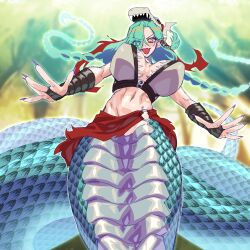 1girl absurdres aqua_hair bikini bikini_top_only black_bridal_gauntlets braid breasts bridal_gauntlets cleavage commentary digimon digimon_(creature) eyes_visible_through_hair fang fingernails floating_hair gerusyu grey_bikini hair_between_eyes hair_over_one_eye hair_ribbon helmet highres lamia large_breasts long_fingernails long_hair looking_at_viewer mervamon monster_girl monsterification navel o-ring open_mouth pointy_ears purple_nails ribbon scales sidelocks solo stomach swimsuit toned toned_female torn_ribbon tress_ribbon twin_braids waist_cape winged_helmet yellow_eyes