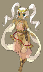 1girl belt blue_eyes blush boots breasts brown_belt brown_boots cleft_of_venus commentary_request dagger dancer_(ragnarok_online) dark-skinned_female dark_skin detached_sleeves full_body grey_background harem_pants jewelry knife large_breasts long_hair looking_at_viewer medium_breasts necklace nipple_stimulation nipple_tweak no_bra no_panties open_mouth pants pointy_ears pussy ragnarok_online sagging_breasts scabbard see-through_clothes sequins sheath shirt sidelocks simple_background sleeveless sleeveless_shirt solo standing thick_thighs thighs tsudero twintails two_side_up uncensored weapon white_hair white_pants white_shirt white_sleeves wide_hips