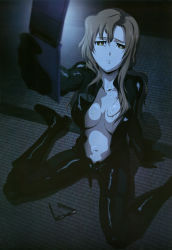 1girl absurdres bodysuit boots brown_hair cellphone female_focus from_above highres indoors kiryuu_moeka long_hair nakamura_kazuhisa navel official_art open_clothes phone skin_tight solo steins;gate sweat unworn_eyewear yellow_eyes