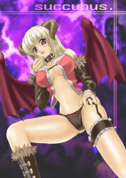 1girl 2000s_(style) babydoll black_boots black_panties black_sleeves blonde_hair blush boots bow bow_panties breasts brown_horns character_name closed_mouth commentary_request demon_girl demon_wings detached_sleeves feet_out_of_frame feliciel frilled_thigh_strap from_below fur-trimmed_boots fur-trimmed_sleeves fur_trim grey_eyes horns large_breasts long_hair looking_at_viewer navel panties purple_background ragnarok_online red_babydoll red_wings smile solo succubus_(ragnarok_online) thigh_strap tongue tongue_out underwear wings