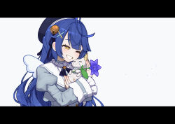 Rule 34 | 1girl, absurdres, ahoge, amamiya kokoro, bell, blue hair, blush, commentary request, creature, dress, flower, hair bell, hair ornament, hat, highres, letterboxed, long hair, lunch boxer, neko (amamiya kokoro), nijisanji, one eye closed, smile, virtual youtuber, yellow eyes