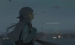Rule 34 | 1girl, absurdres, bag, bang dream!, bang dream! it&#039;s mygo!!!!!, blue hair, city, cityscape, earphones, english text, gradient background, grey sky, hair ribbon, half-closed eyes, hannaz, highres, holding, holding bag, long hair, ribbon, scarf, scenery, shoulder bag, sky, striped ribbon, togawa sakiko, twilight, water, yellow eyes