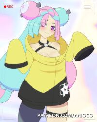 1girl animated anioco artist_name asymmetrical_legwear black_jacket blue_hair bouncing_breasts breasts camera cleavage closed_mouth cowboy_shot dot_nose female_focus grey_thighhighs hands_on_own_face hands_up highres iono_(pokemon) jacket large_breasts leaning_forward light_blue_hair long_hair looking_at_viewer looping_animation multicolored_hair multicolored_jacket nintendo open_mouth patreon_username pink_eyes pink_hair pokemon pokemon_sv recording sharp_teeth single_thighhigh sleeves_past_fingers sleeves_past_wrists smile solo split-color_hair standing tagme teeth thigh_strap thighhighs two-tone_hair two-tone_jacket video w_arms yellow_jacket