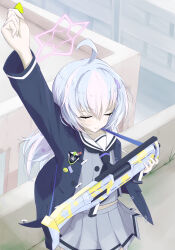 1girl absurdres ahoge arm_up black_jacket black_neckerchief blue_archive blue_hair blush closed_mouth commentary_request cowboy_shot day from_above grey_serafuku grey_shirt grey_skirt gun hair_between_eyes hair_ornament halo highres holding holding_gun holding_plectrum holding_weapon jacket kimagurain long_hair long_sleeves low_twintails midriff miniskirt multicolored_hair neckerchief open_clothes open_jacket outdoors partial_commentary pink_hair pink_halo pleated_skirt plectrum reisa_(blue_archive) rooftop sailor_collar school_uniform serafuku shirt skirt smile smug solo split_mouth standard_manufacturing_dp-12 star_(symbol) star_hair_ornament star_halo streaked_hair twintails two-tone_hair v-shaped_eyebrows weapon white_sailor_collar