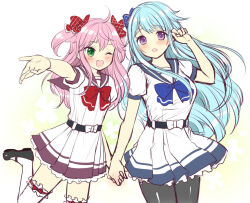 1girl black_pantyhose black_shoes blue_bow blue_hair blush bow ensemble_stars! floral_background frilled_thighhighs frills genderswap genderswap_(mtf) green_eyes hair_bow leg_up mary_janes menokonome one_eye_closed open_mouth pantyhose pink_hair purple_eyes red_bow school_uniform serafuku shoes thighhighs white_background white_thighhighs
