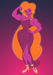 1girl aphrodite_(disney) arm_up breasts cleavage clenched_hand collarbone colored_skin dress earrings flexing gold_anklet gold_footwear gradient_background greek_mythology green_eyes hand_on_own_hip hercules_(1997_film) high_heels jewelry long_hair looking_at_viewer muscular muscular_female narrow_waist parted_lips pink_skin pokkuti simple_background smile solo standing very_long_hair