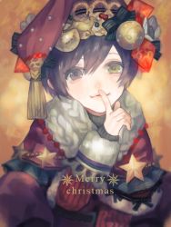 1boy androgynous bow christmas_ornaments drawr finger_to_mouth hat heterochromia looking_at_viewer male_focus merry_christmas nishihara_isao oekaki original purple_eyes purple_hair short_hair solo star_(symbol) wool yellow_eyes