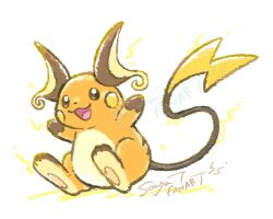 Rule 34 | arms up, commentary request, gen 1 pokemon, nintendo, no humans, open mouth, pokemon, pokemon (creature), raichu, simple background, smile, solo, tail, tsuruta saya, twitter username