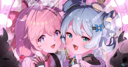 2girls :3 :d absurdres ahoge blue_eyes blue_hair commentary_request cosmetics cross-shaped_pupils encore_(wuthering_waves) fang hair_ornament highres holding holding_hands holding_lipstick_tube lipstick lipstick_tube long_hair looking_at_viewer makeup multiple_girls open_mouth pink_hair purple_eyes rindou_ringdong skin_fang smile symbol-shaped_pupils twintails upper_body wuthering_waves youhu_(wuthering_waves)