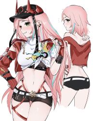 1girl aqua_hair baseball_cap black_shorts blush breasts cropped_legs ear_piercing fishnets green_eyes hat highres honkai:_star_rail honkai_(series) horned_hat jacket long_hair medium_breasts micro_shorts midriff multicolored_hair multiple_views navel piercing pink_hair rappa_(honkai:_star_rail) red_jacket shirt shorts streaked_hair thighs tied_shirt two-tone_hair very_long_hair yr0_gg
