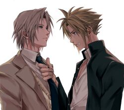 Rule 34 | 2boys, bandaid, bandaid on cheek, bandaid on face, black jacket, blonde hair, blue eyes, cloud strife, cloud strife (midgard seventh high school), collared shirt, final fantasy, final fantasy vii, final fantasy vii ever crisis, grey hair, highres, holding, jacket, long sleeves, looking at another, male focus, miyabi120232, multiple boys, necktie, official alternate costume, school uniform, sephiroth, sephiroth (ever crisis), sephiroth (shinra private academy), shirt, short hair, slit pupils, smirk, spiked hair, standing, white shirt, yaoi