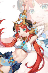 1girl absurdres arm_up bare_shoulders blue_gemstone blue_skirt bracer breasts brooch chinese_commentary closed_mouth commentary_request covering_own_mouth crop_top dancer detached_sleeves fake_horns gem genshin_impact green_eyes hand_over_own_mouth harem_outfit highres horns jewelry long_hair low_twintails medium_breasts midriff mikewei navel nilou_(genshin_impact) red_hair signature skirt smile solo stomach thighlet twintails veil very_long_hair white_background white_veil zoom_layer