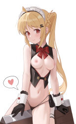 1girl absurdres ahoge bare_shoulders bdsm black_gloves black_panties blonde_hair blush bocchi_the_rock! bow bowtie braid breast_cutout breasts frilled_socks frills gloves highres ijichi_nijika ke&#039;ai_qu_qu long_hair maid_headdress navel nipples panties red_eyes shoes side_ponytail sitting skindentation small_breasts socks spread_legs stomach underwear very_long_hair vest white_background white_socks wooden_horse wrist_cuffs