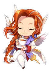 angel_wings chibi highres jibril_(soccer_spirits) pants red_hair scarf tea white_pants wings