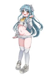 1girl absurdres blue_hair bow brown_eyes clothes_pull cropped_shirt drawn_blush fang flight_attendant goddess_of_victory:_nikke hair_bow highres long_hair long_sleeves looking_at_viewer navel necktie no_panties ribs shiny_skin shirt shorts shorts_pull simple_background skin_fang skindentation sky_(nikke) solo standing thighhighs travel_attendant user_ksfg8358 white_background white_bow white_shorts white_thighhighs yellow_necktie