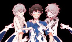3boys animated animated_gif ayanami_rei ikari_shinji lowres male_focus me!me!me! multiple_boys multiple_girls nagisa_kaworu neon_genesis_evangelion outstretched_arms yaoi