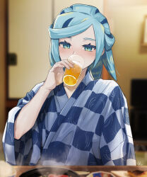 1boy alternate_costume aqua_eyes blue_hair blurry blush bowl commentary_request cup depth_of_field drinking glass grusha_(pokemon) half-closed_eyes hand_up highres holding holding_cup indoors japanese_clothes kimono long_hair male_focus min_(myna8247) nintendo pokemon pokemon_sv signature solo steam table