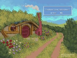 Rule 34 | blue sky, bush, chimney, cottage (building), dialogue options, dirt road, door, english text, highres, hill, hobbit hole, no humans, onlypixeeels, original, overgrown, path, pixel art, road, scenery, sky, smoke, smoke trail, too many flowers, window