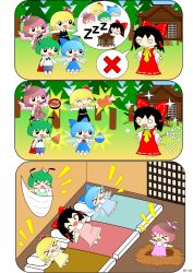 &gt;_&lt; 5girls :d :t ^_^ ahoge black_hair blonde_hair blue_bow blue_hair boned_meat bow chibi cirno closed_eyes comic dozy dozy_(d_mendozer) drooling expressive_hair food fruit green_hair hair_bow hakurei_reimu happy long_sleeves meat multiple_girls mystia_lorelei nest no_mouth open_mouth purple_hair red_bow rumia shaved_ice short_hair short_sleeves silent_comic sleeping smile sparkle team_9_(touhou) touhou watermelon wriggle_nightbug xd zzz
