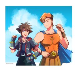 2boys airagency1005 ancient_greek_clothes animification brown_hair eyeshadow greco-roman_clothes hercules_(1997_movie) hercules_(disney) kingdom_hearts makeup multiple_boys muscular muscular_male short_hair simple_background sleeveless smile sora_(kingdom_hearts) spiked_hair