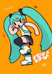 1girl 39 absurdres aqua_hair bare_shoulders black_skirt blue_hair blue_necktie blush boots chibi clenched_hands collared_shirt dancing hair_between_eyes hair_ornament halftone hatsune_miku highres leaf_st long_hair looking_at_viewer necktie open_mouth orange_background poppippoo_(vocaloid) shirt signature skirt sleeveless smile solo standing standing_on_one_leg thick_outlines thighhighs translation_request twintails v-shaped_eyebrows very_long_hair vocaloid white_boots white_shirt