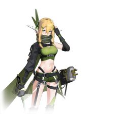 1girl aqua_eyes arm_up asymmetrical_sleeves belt black_gloves blonde_hair blue_eyes breasts covered_mouth cowboy_shot crop_top detached_sleeves elbow_gloves elfin_(starward) fingerless_gloves gloves green_eyes green_scarf green_shirt green_shorts green_thighhighs hair_between_eyes hair_ornament hairclip hand_under_clothes hand_under_shirt headgear holding holding_sword holding_weapon long_hair long_sleeves looking_at_viewer medium_breasts midriff navel official_art scarf scarf_over_mouth shirt short_shorts shorts sidelocks simple_background single_detached_sleeve single_sleeve solo standing starward stomach sword thigh_strap thighhighs thighs transparent_background weapon