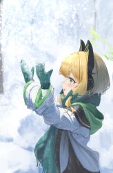 1girl absurdres animal_ear_headphones animal_ears bare_tree black_jacket blonde_hair blue_archive blush bow buttons cat_ear_headphones cat_ears commentary fake_animal_ears fringe_trim from_side green_bow green_eyes green_halo green_hood green_jacket green_mittens green_scarf hair_bow halo hands_up headphones highres hood hood_down hooded_jacket jacket layered_sleeves light_particles long_sleeves looking_ahead low-tied_sidelocks midori_(blue_archive) mittens multicolored_jacket open_hands outdoors parted_bangs parted_lips profile scarf shirt short_hair sidelocks sideways_mouth snow snowing solo tree ubeuna upper_body white_jacket white_shirt winter winter_clothes